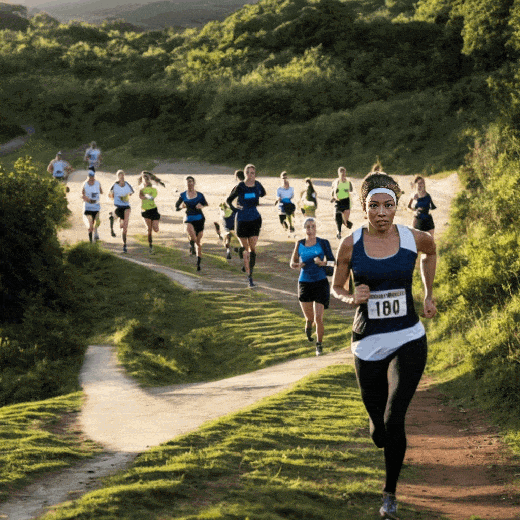 Animated gif image, created with Boostpixels, showcases a group of runners on a verdant trail, with the lead runner prominently displaying a hypothetical Nike logo on their attire as a demonstration of the ad potential of Boostpixels' technology. The Nike logo is purely illustrative, not suggesting any endorsement or affiliation with Nike, Inc.